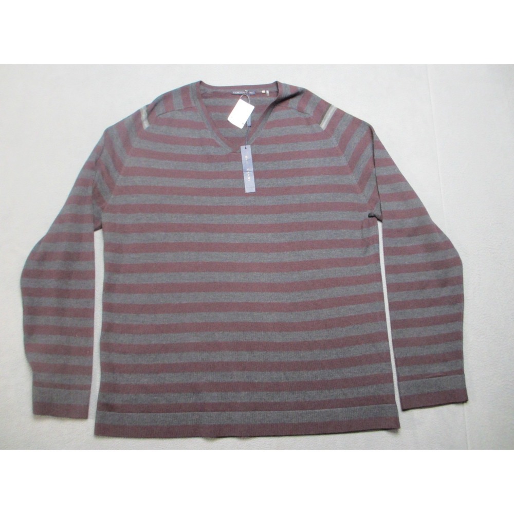 Merino Wool Sweater Mens 2XL Gray Red Maroon Striped V-Neck Elie Tahari Benton